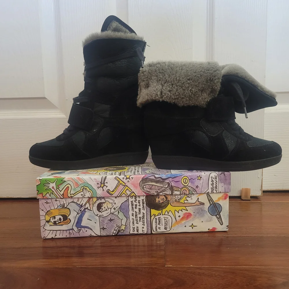 Ash Black Shearling Wedge Boots - Picture 5 of 12